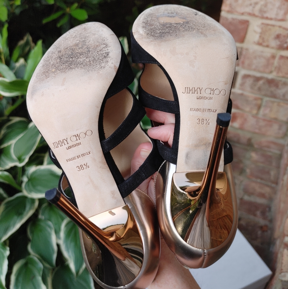 Jimmy Choo Tarine WITH BOX Suede Cutout Bootie Sandal, Black/Mirrored Nude 38.5 - Picture 16 of 16